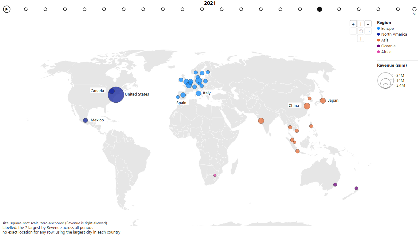 Animated World (Bubbles): revenue by country in 2021