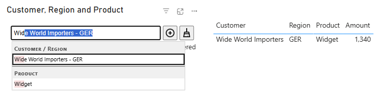 Autocomplete Filter 6.0 Also Search: suggestions grouped under Customer / Region and Product