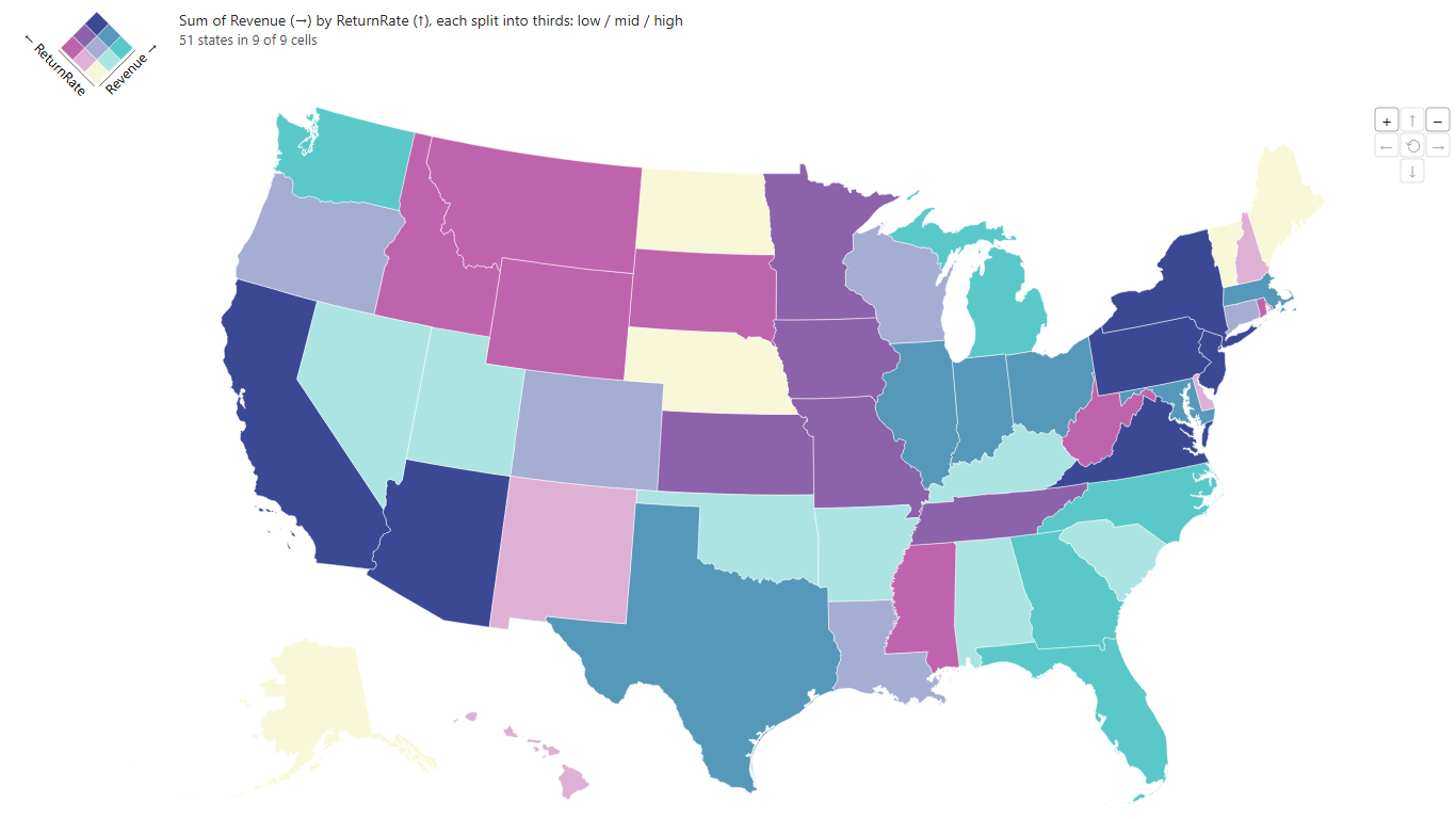 Bivariate USA Choropleth: revenue against return rate by state