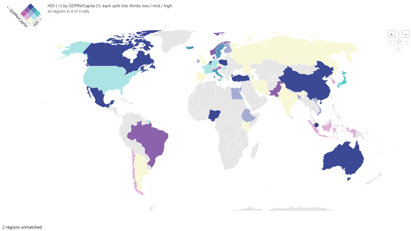 Bivariate World Choropleth: human development against GDP per capita