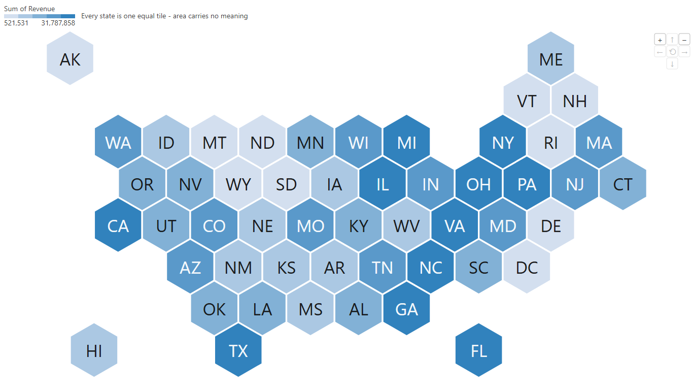 US hex-tile cartogram: revenue by state