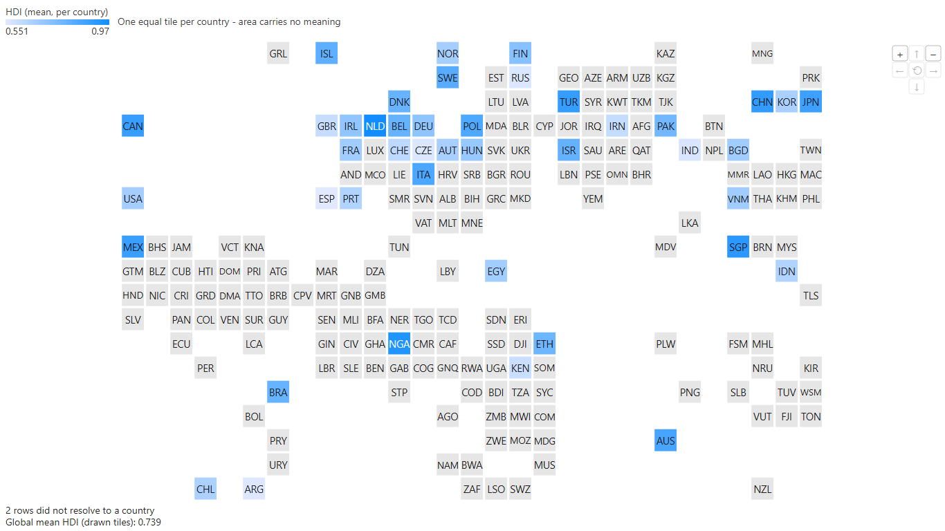 World tile-grid cartogram: human development by country