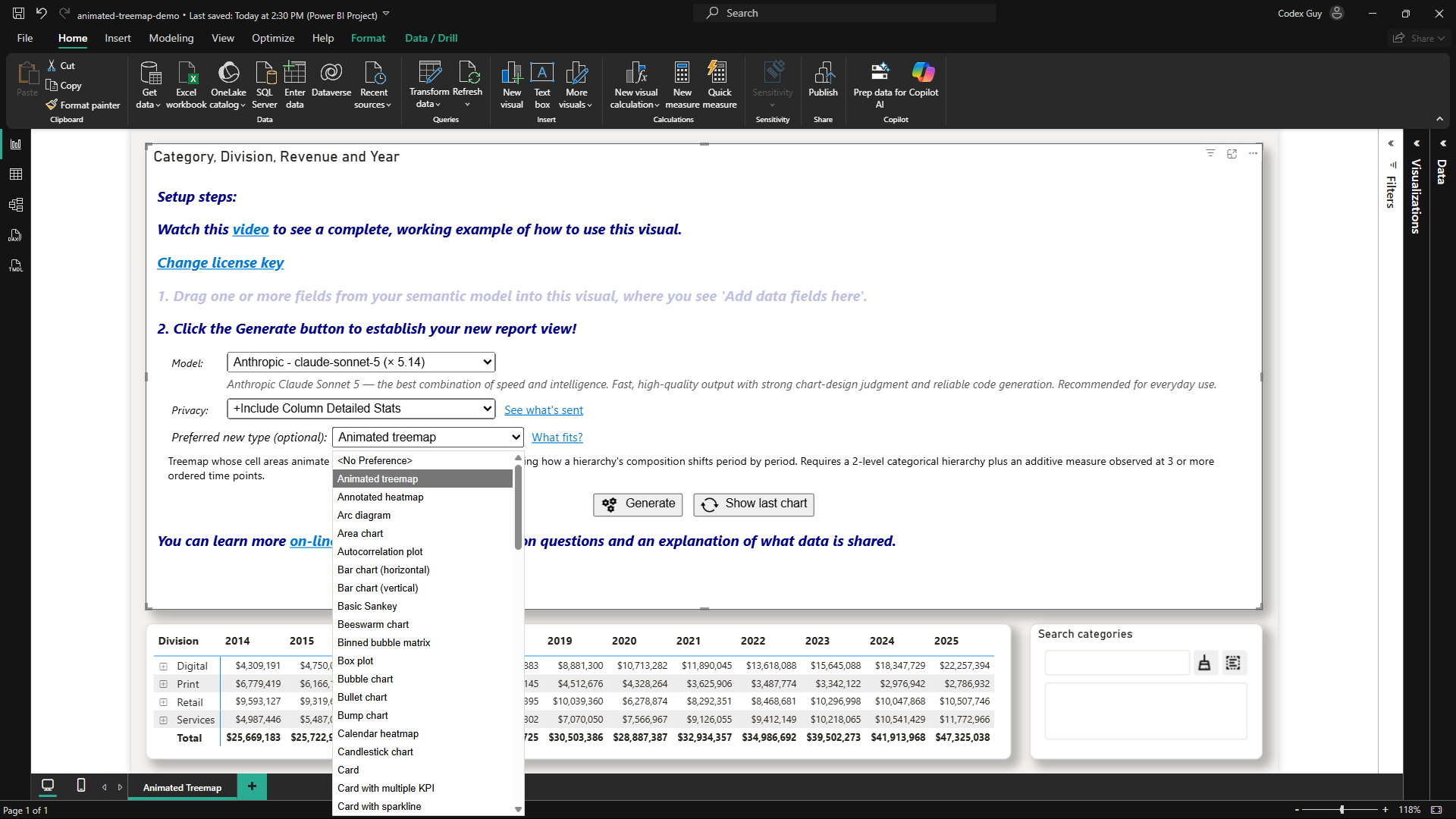 Setup: fields in, model picked, and the new data-shaped chart suggestions