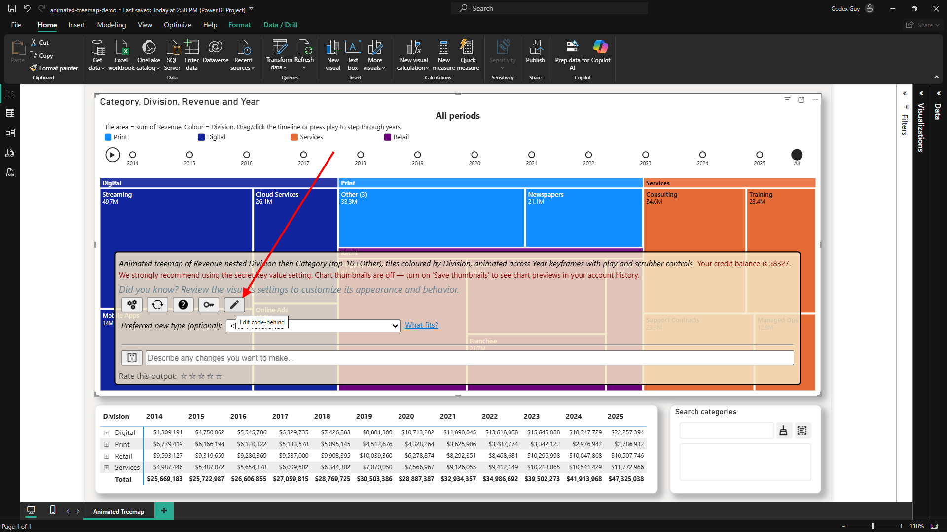 The Edit code-behind button on the hover panel