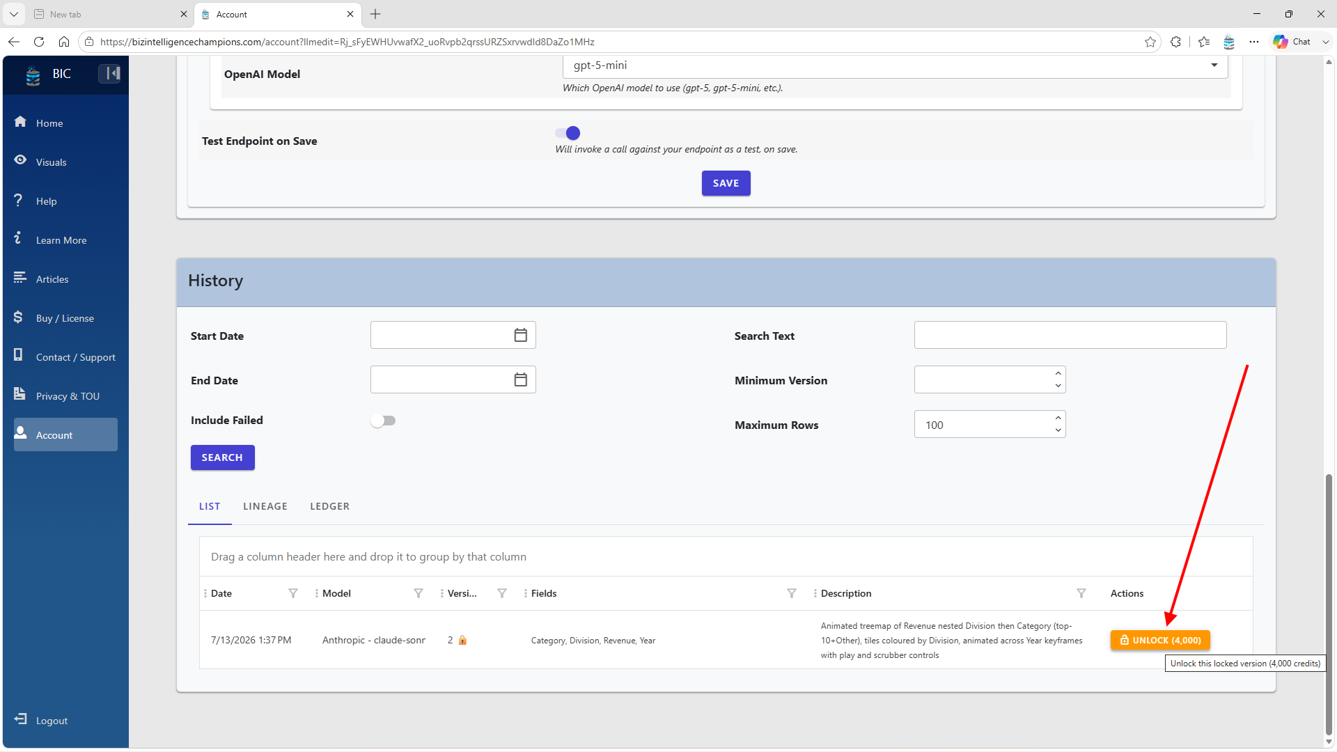 Version history — unlock a generated version to make it editable