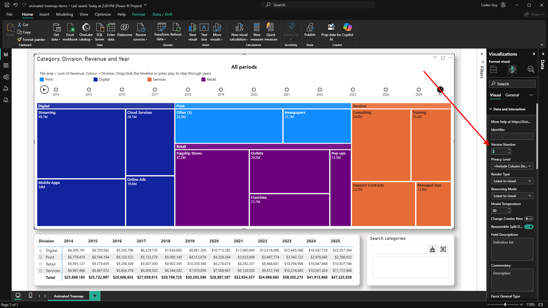Setting the visual's Version Number in the format pane