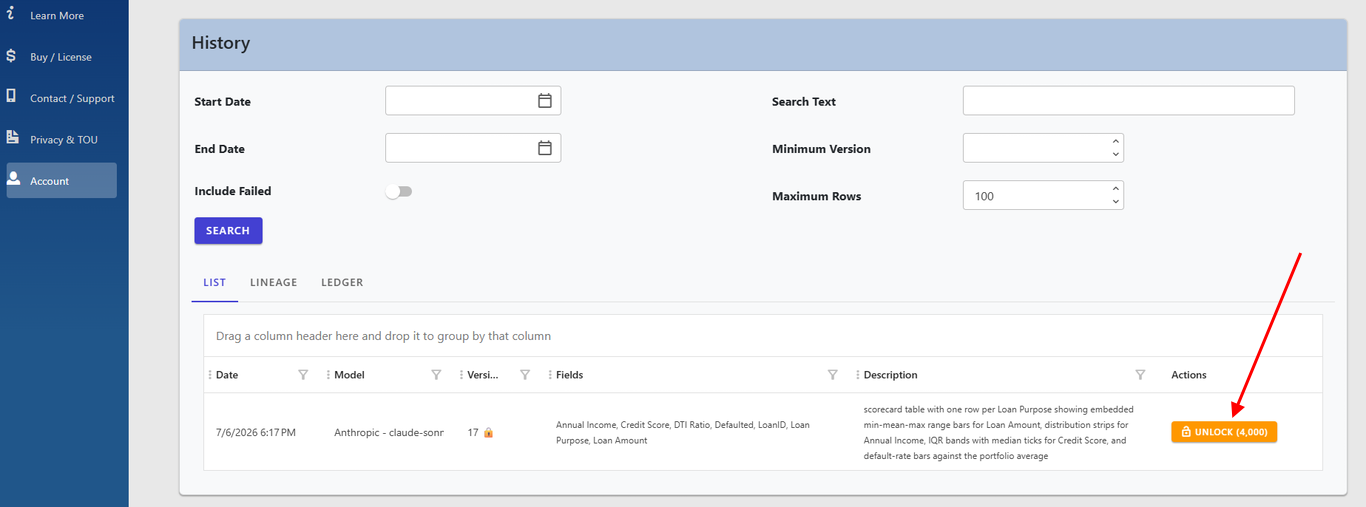 The chart history view, showing the version ready to unlock