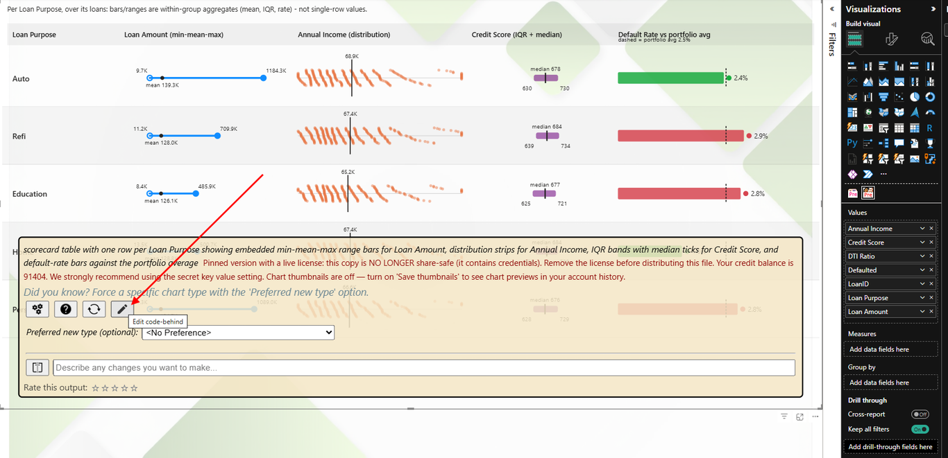 The hover panel on a Fable render, highlighting the Edit code-behind button