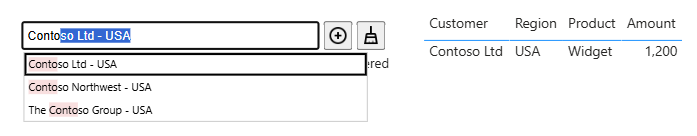 Auto-complete Filter: typing Conto fills in Contoso Ltd - USA, and that suggestion is outlined in the list as the active row