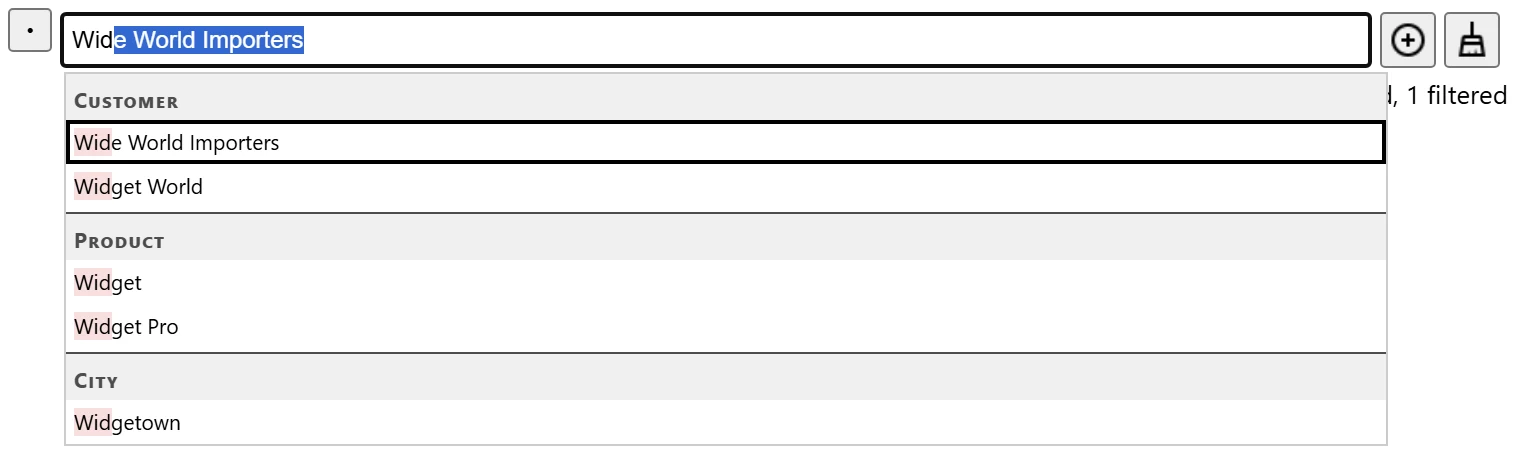 Auto-complete Filter: typing wid in one box lists Wide World Importers and Widget World under Customer, Widget and Widget Pro under Product, and Widgetown under City
