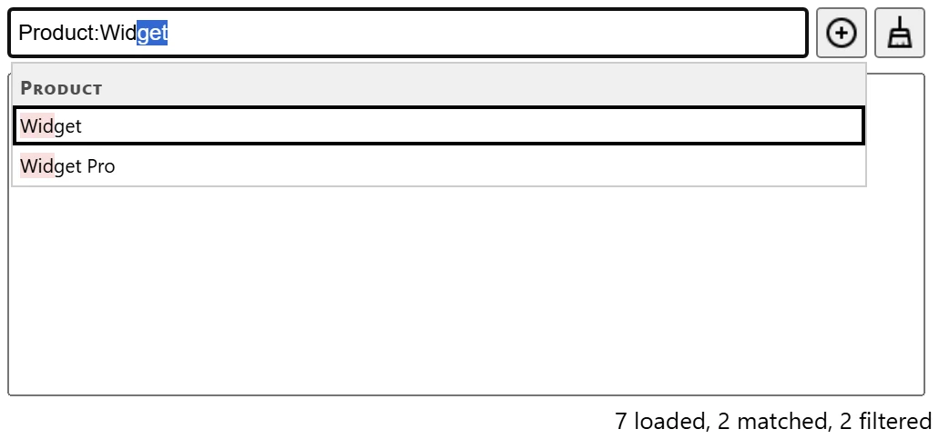 Auto-complete Filter: typing Product:wid lists only Widget and Widget Pro, under a single Product header