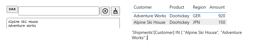 Auto-complete Filter: the DAX button in the entry row, and the copied predicate for the two selected customers, 'Shipments'[Customer] IN { ... }, next to the filtered table