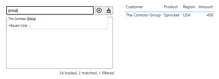Auto-complete Filter: typing group lists The Contoso Group with a middle dot, marking a whole word inside the value, and =Equals Corp with a tilde