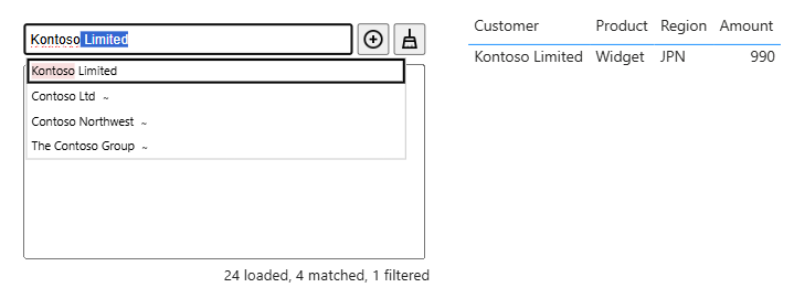Auto-complete Filter: typing kontoso lists Kontoso Limited unmarked and three Contoso customers marked with a tilde, meaning they sound like what was typed