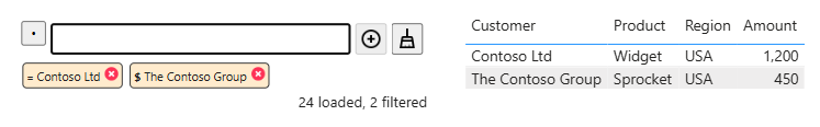 Auto-complete Filter: pills for Contoso Ltd with an equals badge (exact) and The Contoso Group with a dollar badge (ends with), the operator picker button left of the entry box, and the table narrowed to those two customers