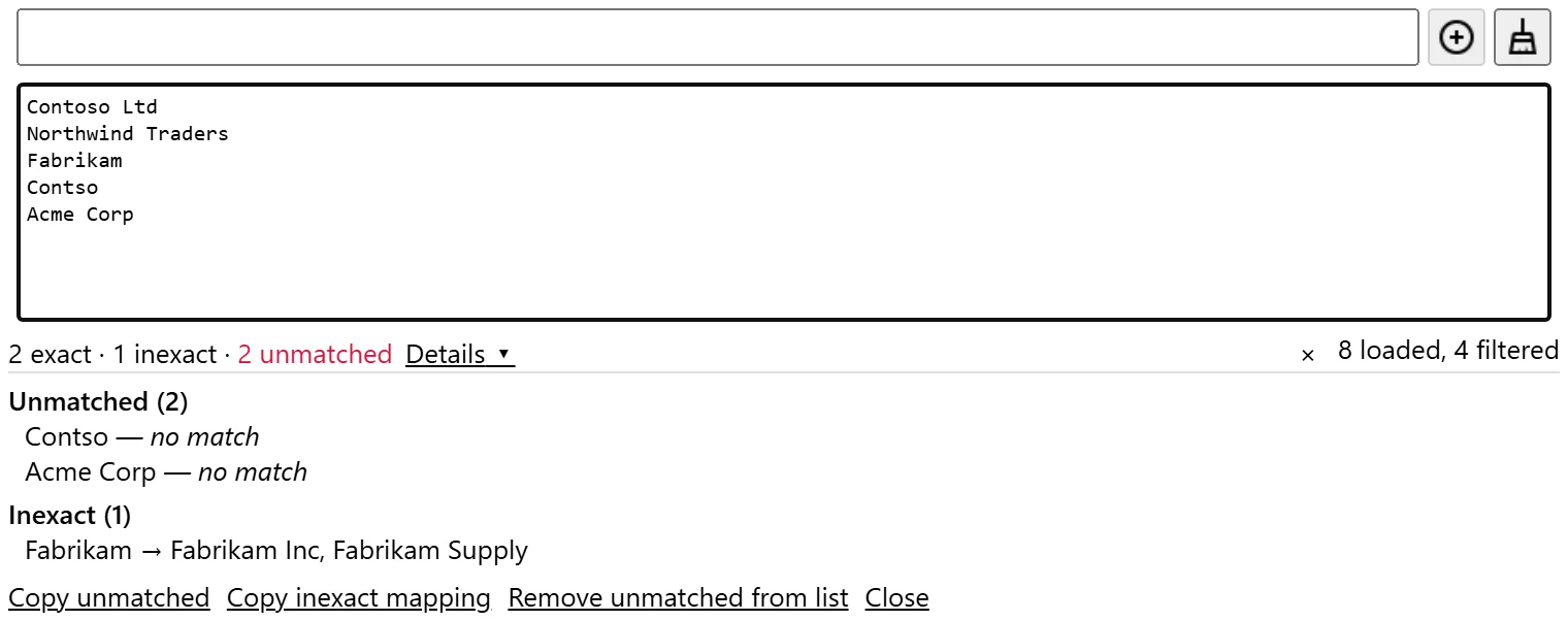 Auto-complete Filter: a paste report reading 2 exact, 1 inexact, 2 unmatched, with Details open listing the unmatched and inexact terms above the copy and remove buttons