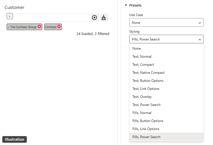 Illustration: Auto-complete Filter: the Presets card's Styling list showing Text, Power Search and Pills, Power Search, next to a visual using Pills, Power Search