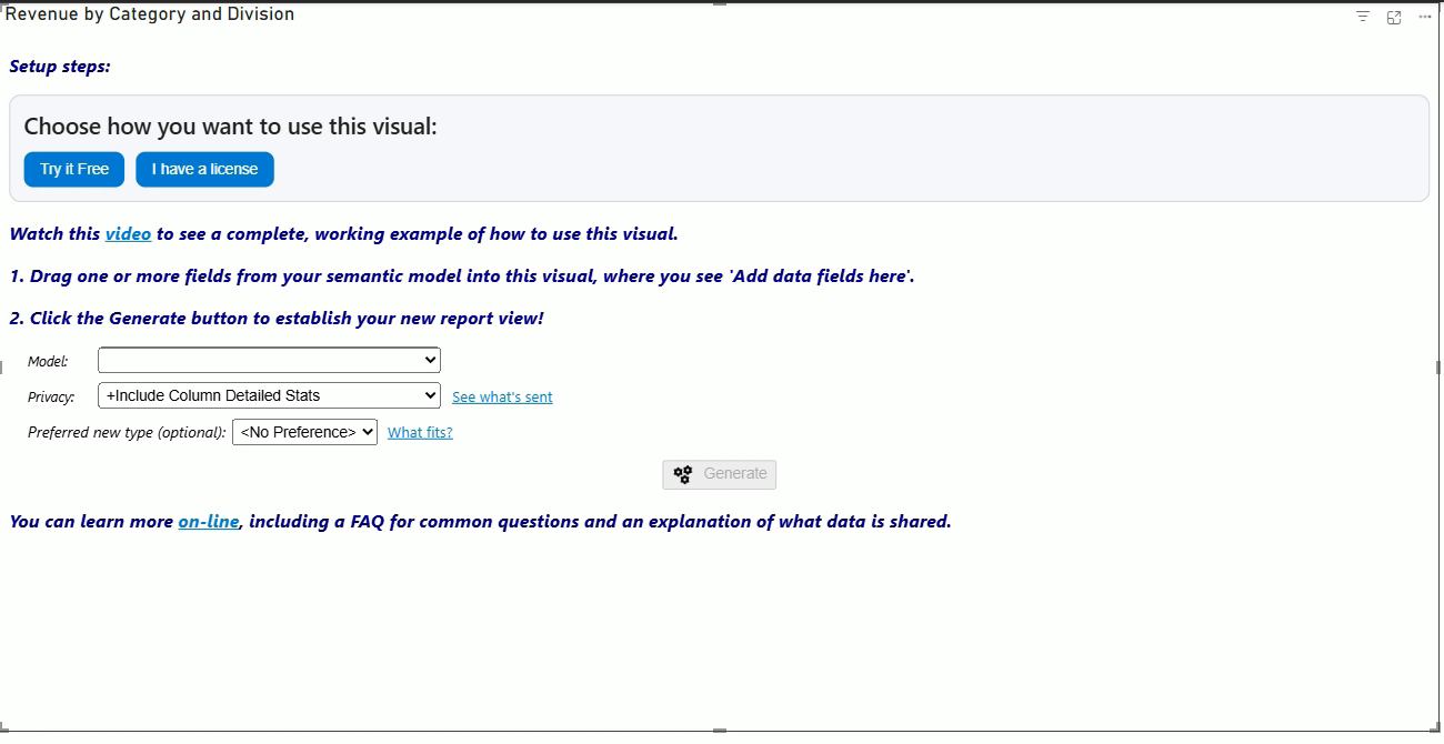 LLM AI Charts: the landing page - choose Try it Free or I have a license; license details are entered here, not in the format pane
