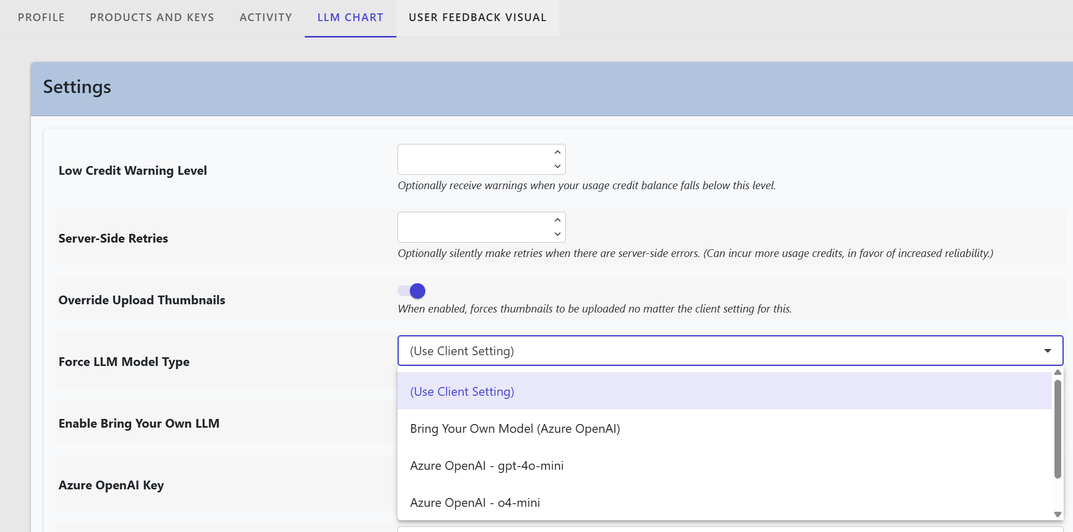 LLM AI Charts: You can override your model selection at the account level (applies globally to all your visual