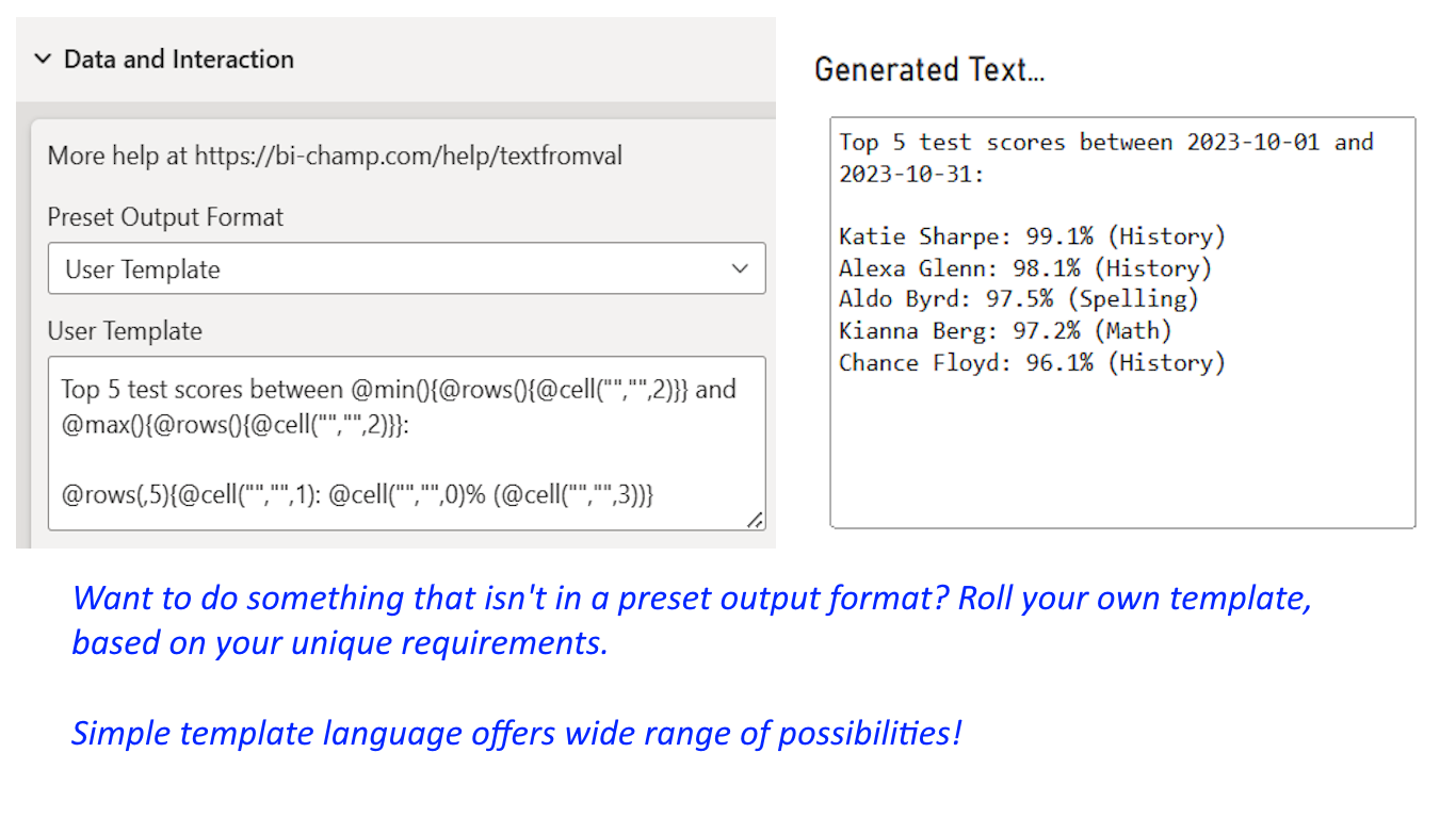 Multi-format Card template language building custom text output