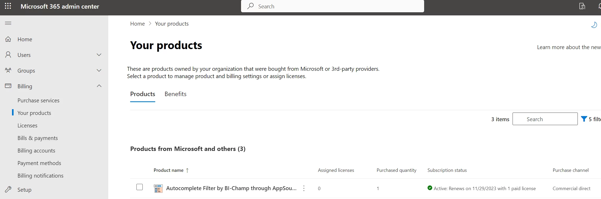 Microsoft 365 admin center: Billing, Your products page