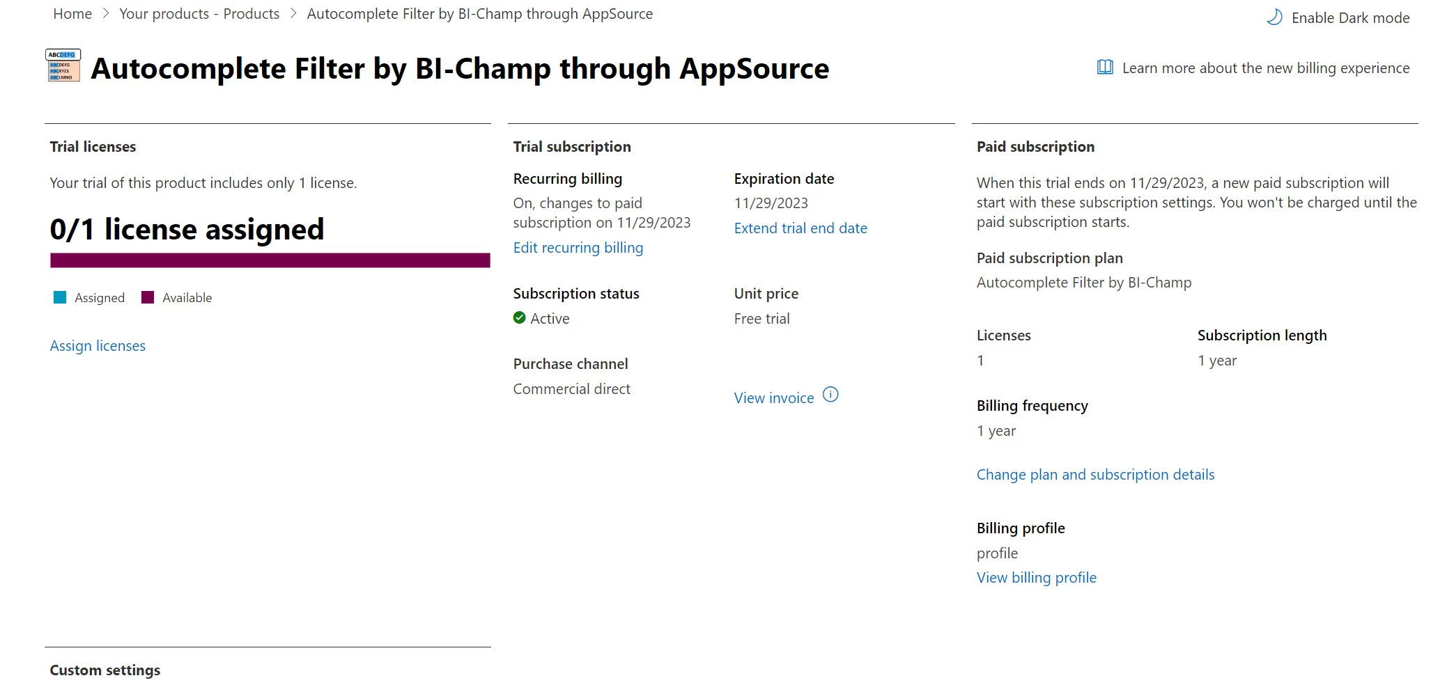 Microsoft 365 admin center: a product's license detail page