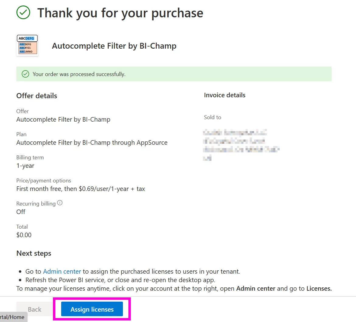 Microsoft 365 admin center: the Assign licenses button