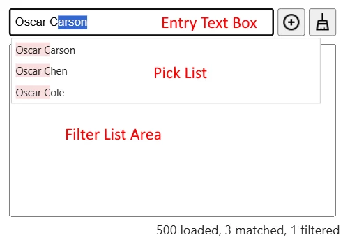 Auto-complete Filter: This diagram labels (in red) different data entry mechanisms that the visual supports