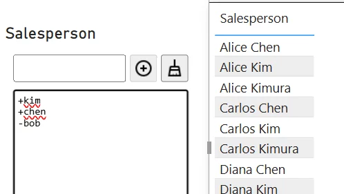 Auto-complete Filter: Note how the table on the right has changed to no longer include items like "Quinn Cole"