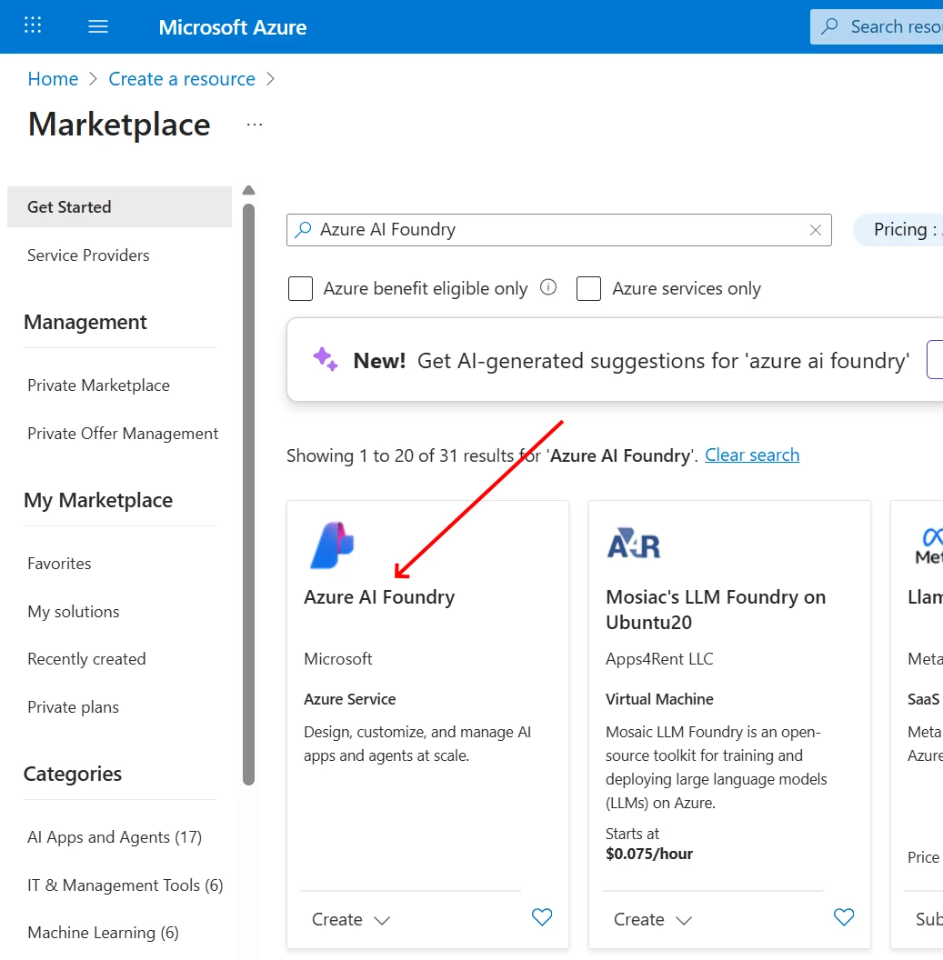 LLM AI Charts: 1. Create an Azure AI Foundry (view 2)