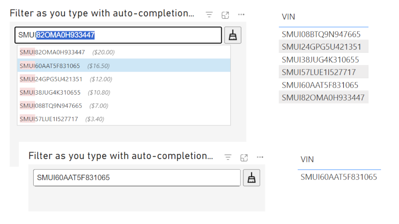 Auto-complete Filter pick list showing extra details to aid selection